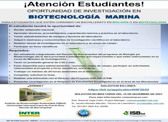 Oportunidad de Investigación en  Biotecnología Marina