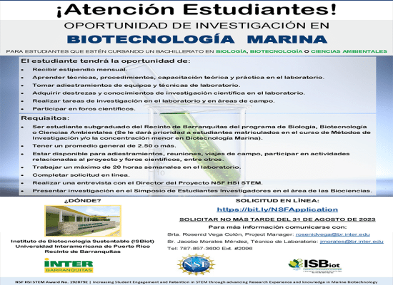 OPORTUNIDAD DE INVESTIGACIÓN EN BIOTECNOLOGÍA MARINA