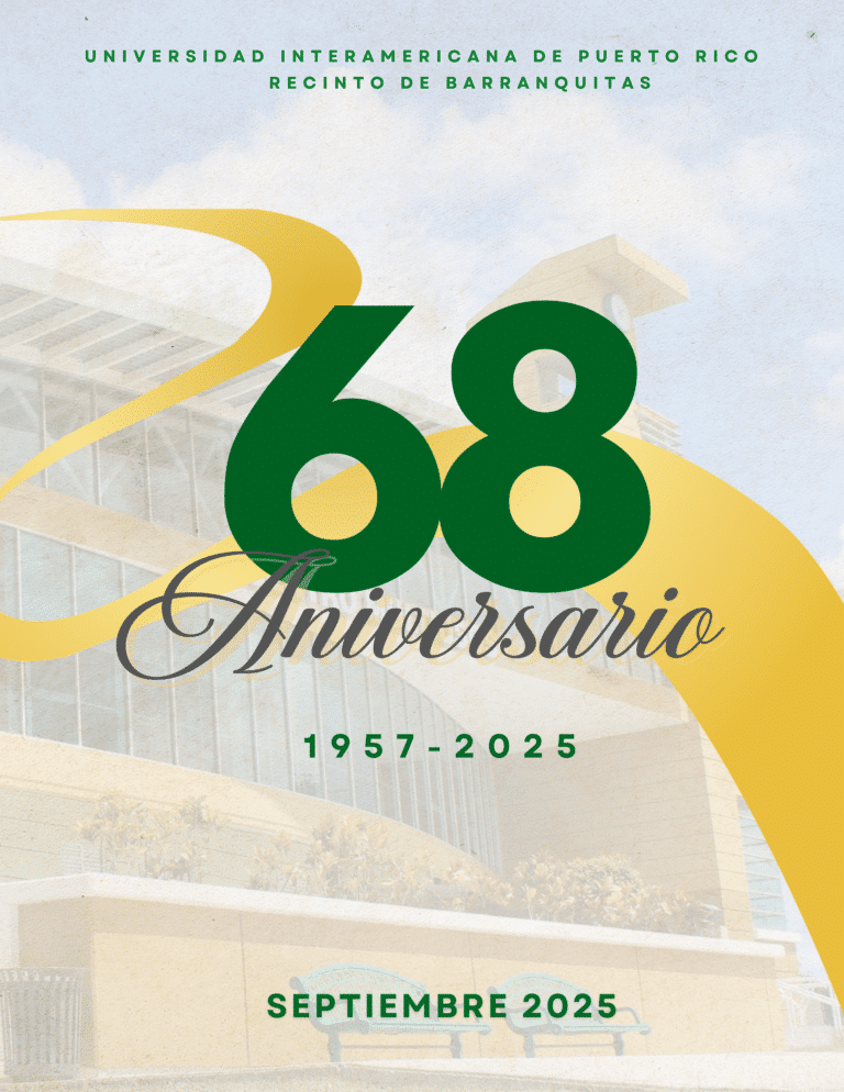 Imgen del edificio Multiusos, en la imagen dice Universidad Interamericana de Puerto Rico. septiembre 2025 68 aniversario 1957-2025
